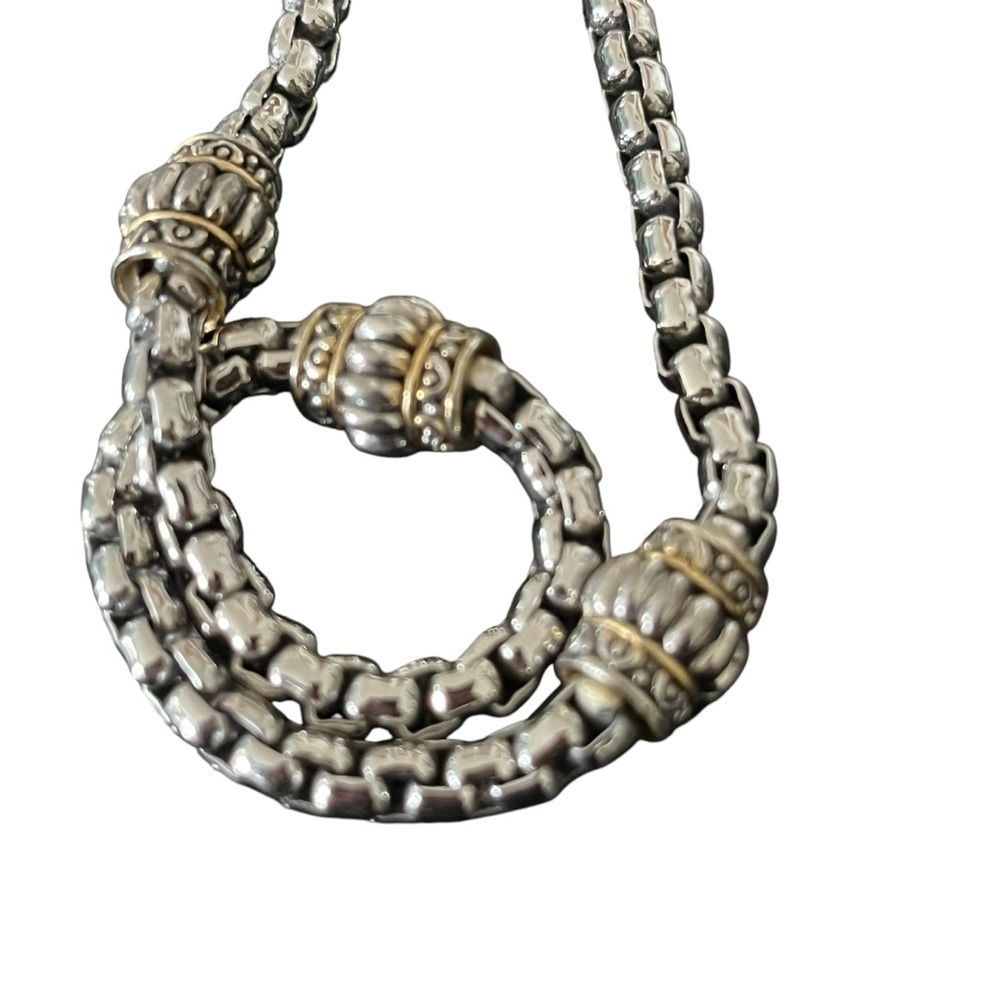 Serpentine Silver and Gold Tone Necklace with Embellished Focal Beads